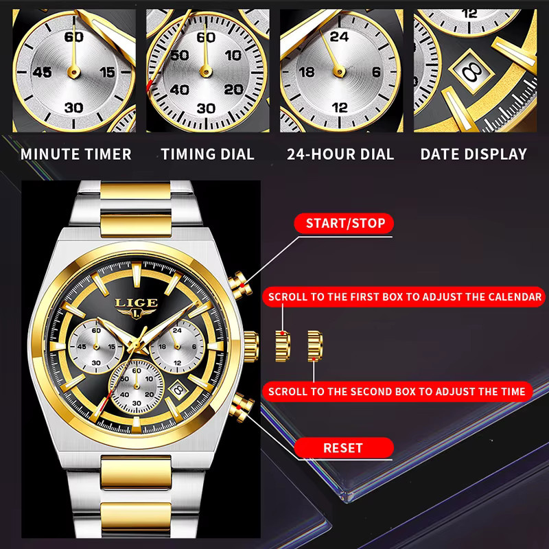 LIGE Chronograph Armbanduhr, Quarz, Edelstahl, Schwarz, Herren - Bild 6