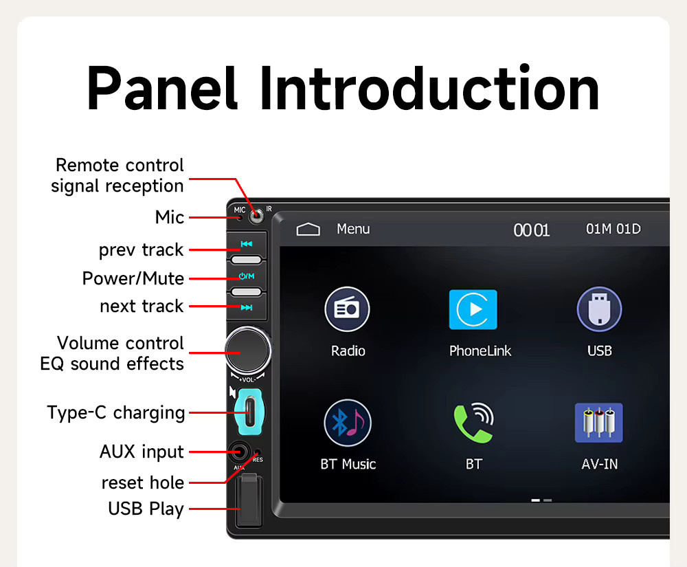 BQCC Universelles 2Din Autoradio mit 7 Zoll Display, Bluetooth, FM RDS, kabelloses CarPlay und Android Auto, Schwarz - Bild 4