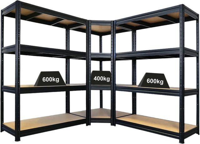 PROREGAL DINO Schwerlastregal Set aus Metall in Schwarz: 1x Eckregal (H: 180 cm, B: 90 cm, T: 60 cm) und 2x Schwerlastregal (H: 180 cm, B: 120 cm, T: 60 cm) mit 400 kg Fachlast - Bild 1