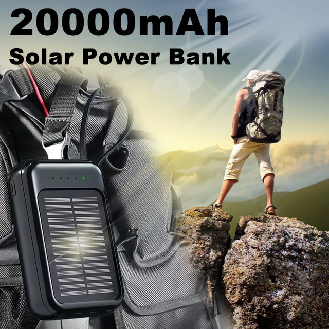 Solar-Powerbank für den Außenbereich mit 20.000 mAh, integrierten 4 Kabeln und LED-Licht in Schwarz - Bild 1
