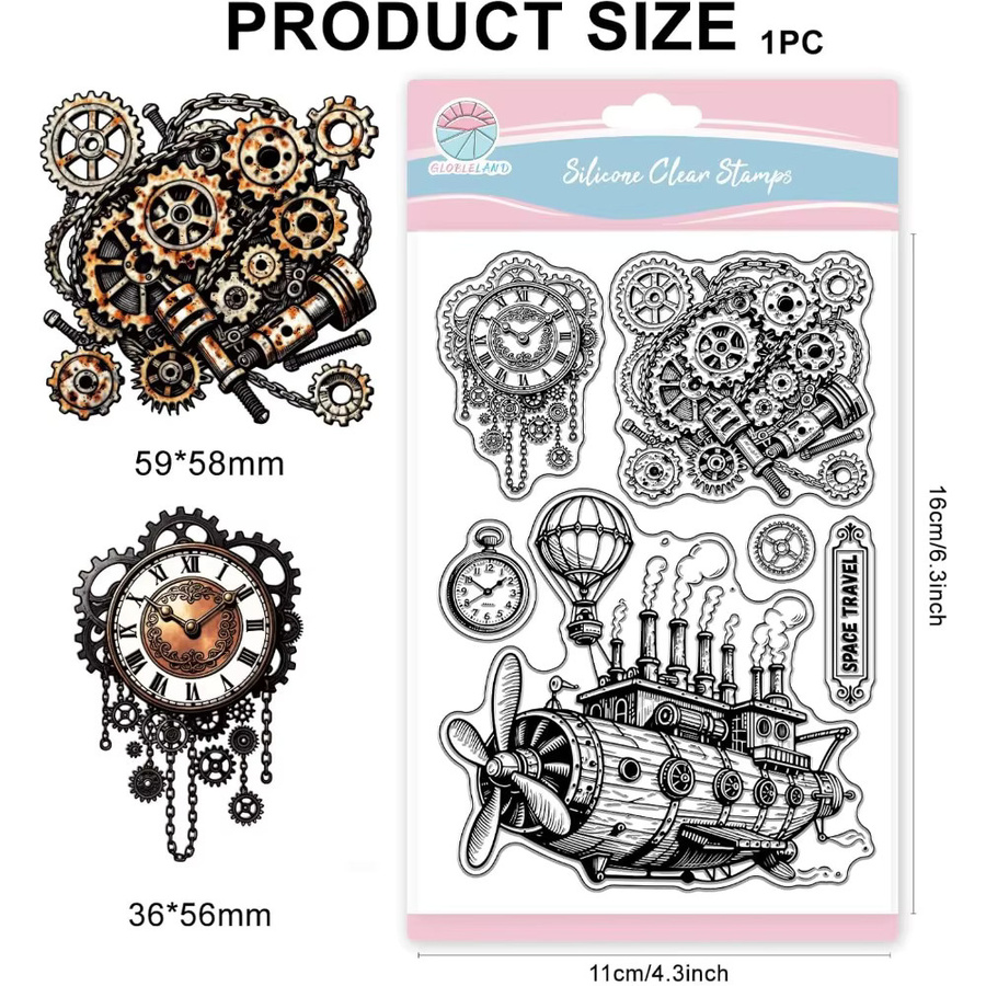 Vintage Steampunk Motivstempel aus transparentem Resin mit Zahnrädern, mechanischer Uhr und Heißluftballon - Bild 6