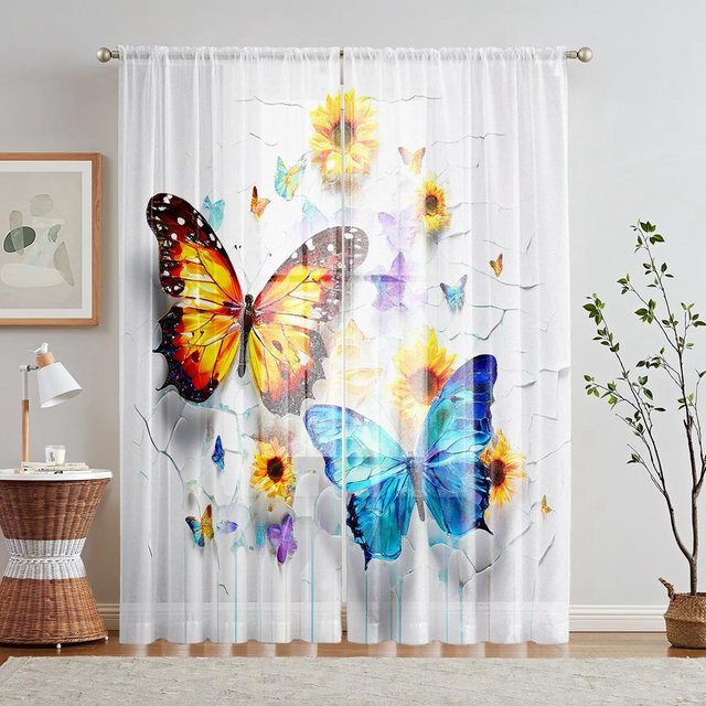 2er-Set dekorative Vorhänge mit buntem Schmetterlings- und Blumenprint, Farbe: Weiß/Mehrfarbig, B: 132 cm, H: 160 cm - Bild 1