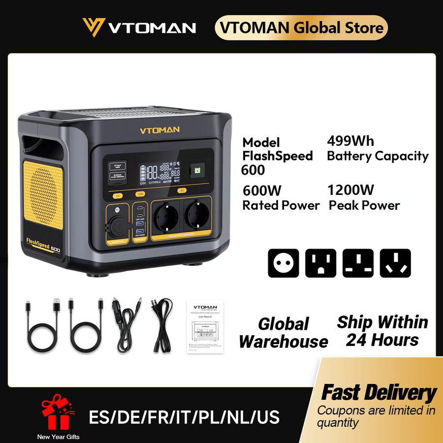 VTOMAN FlashSpeed 600 tragbare Stromstation in Schwarz mit 499 Wh LiFePO4-Batterie und 600 W Wechselstromausgang als Solar-Generator für Camping, Wohnmobil und Notfallstrom - Bild 2