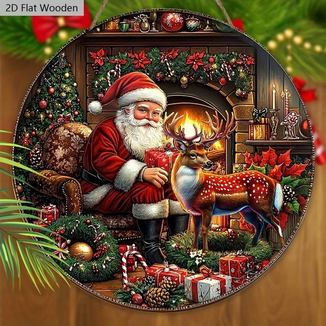 HELLOYOUNG Weihnachtsschild Santa Motiv als runder Wandbehang aus Holz, Mehrfarbig, Durchmesser: 20 cm - Bild 1