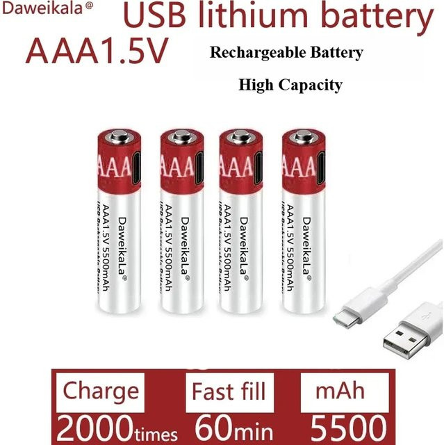 NDNNAS AAA 1,5 V wiederaufladbare Lithium-Ionen-Batterie mit 5500 mAh und USB-C Anschluss inklusive Kabel - Bild 1