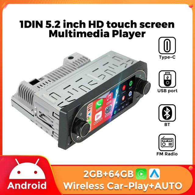 NAVIFANS Android Auto Multimedia MP5-Player mit 5,2 Zoll HD-Touchscreen, 64G Speicher, Wireless CarPlay, Schwarz, 1 DIN - Bild 1