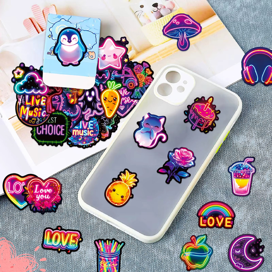 50er-Pack wasserfeste Aufkleberbögen mit Neon-Glüh-Designs in Multicolor für Gepäck, Skateboard und Kühlschrank - Bild 4