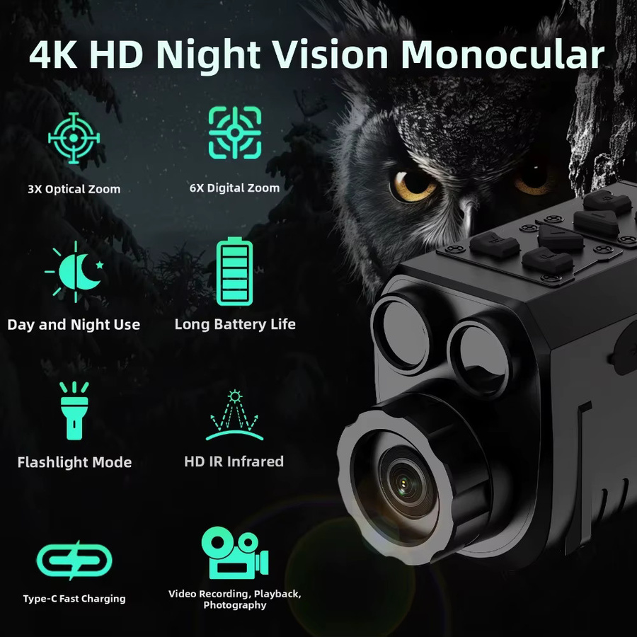 iHseno 4K Infrarot-Monokular mit 12-fachem Digitalzoom und 7-stufiger Nachtsicht für Foto und Video in Schwarz - Bild 3
