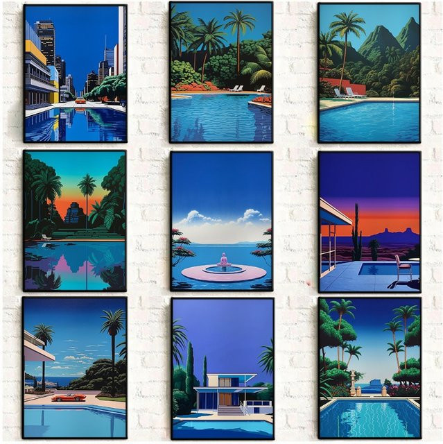 Potdemiel Vintage Hiroshi Nagai Pop Poster Retro 80er Jahre Strand Sommer Pool Leinwand Wandkunst - Bild 1