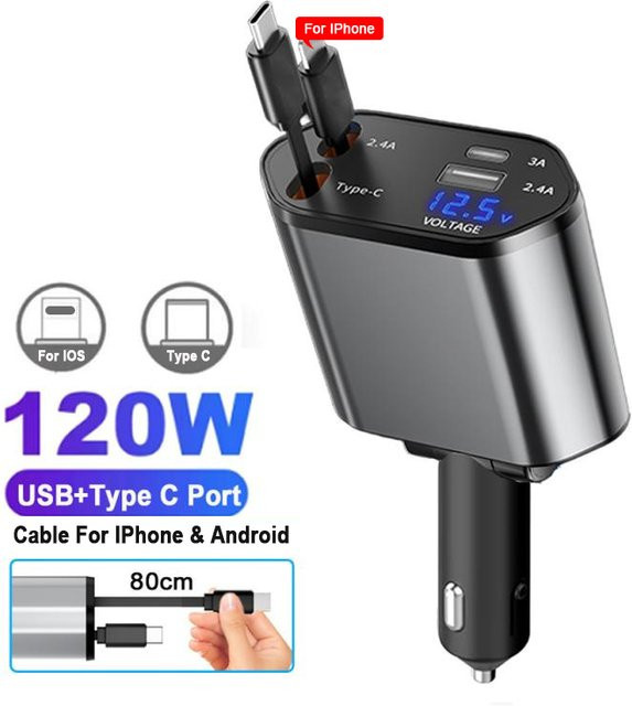Kebidumei Autotelefon-Ladegerät-Adapter mit 120 W und einziehbaren USB-Typ-C-Schnellladekabeln inklusive Volt-Display, passend für iPhone, iPad und Samsung - Bild 1