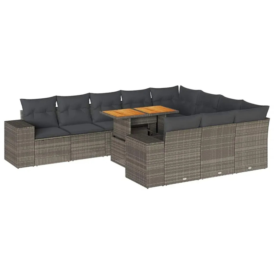 vidaXL 10-teilige Garten-Sofagarnitur aus Poly-Rattan und Akazienholz in Grau mit Kissen - Bild 2