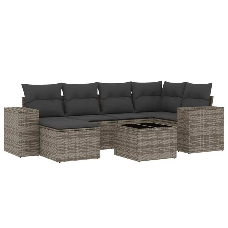vidaXL 7-teilige Garten-Sofagarnitur in L-Form aus Poly-Rattan in Grau mit Kissen und Armlehnen - Bild 2