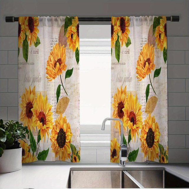 Vintage Sonnenblumenmuster Vorhangset aus Polyester mit Jacquard-Webart, 2 Café-Paneele in Gelb, B: 135 cm, H: 165 cm - Bild 1