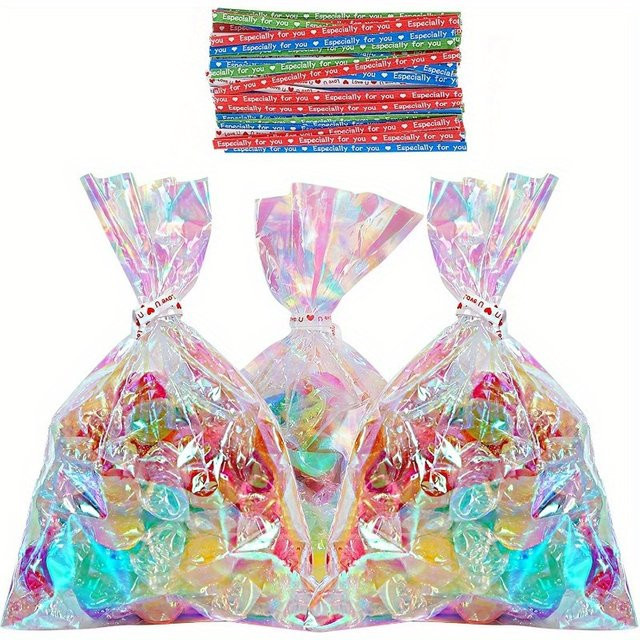 100 Stück schillernde Zellophan-Leckerli-Beutel mit Bändern, holografische Kunststoff-Goody-Beutel für Süßigkeiten und Partygeschenke, Mehrfarbig - Bild 1