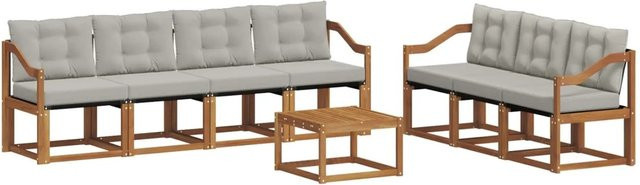 vidaXL Outdoor-Sofagarnitur 8-teilig aus Akazienholz und Textilene in Natur und Hellgrau mit Kissen und Tisch - Bild 1