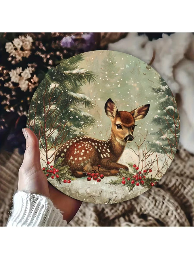Potdemiel Rustikales Weihnachts-Hirsch-Wandschild aus Metall, Rund, Mehrfarbig, Durchmesser: 20,3 cm - Bild 5