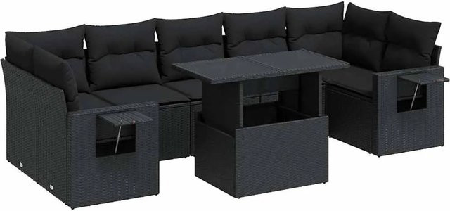 vidaXL 8-teilige Garten-Sofagarnitur in L-Form aus schwarzem Poly-Rattan mit Kissen und pulverbeschichtetem Stahlgestell - Bild 1