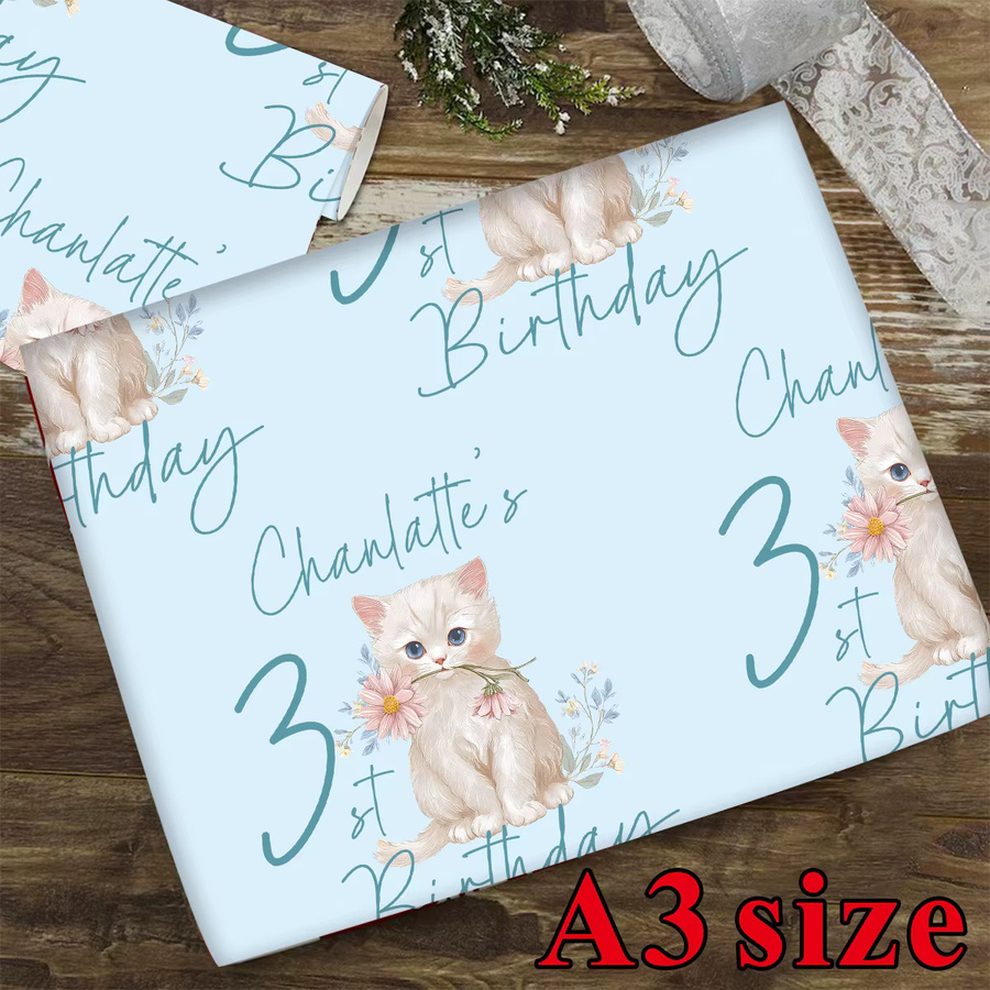 Personalisiertes Geburtstagsdekorpapier mit Kätzchen und Blumen in Blau, 3 Blatt handgefertigtes Geschenkpapier mit Namen und Alter - Bild 2
