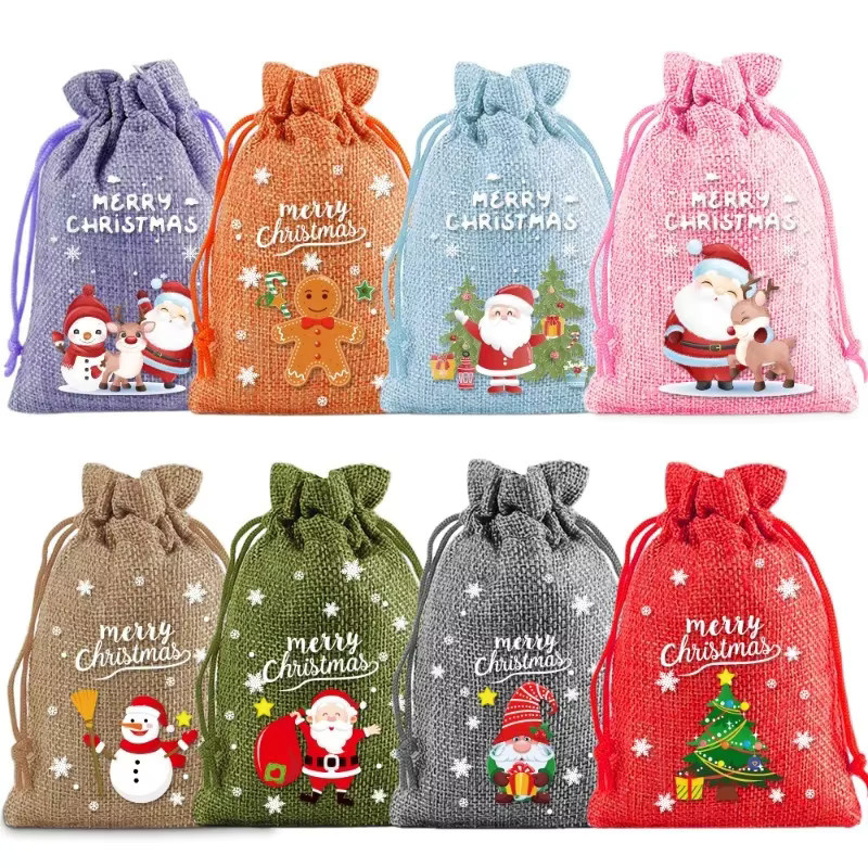 LIJIAO 10er Set Frohe Weihnachten Leinen Beutel mit Kordelzug als kleine Geschenkverpackung für Kinder und Party-Gastgeschenke - Bild 2