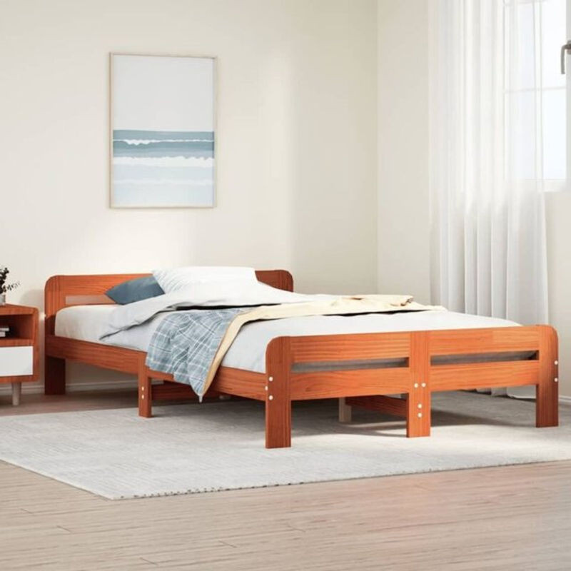 Massivholzbett Vidaxl aus Kiefernholz in Braun, B/T/H: 135 x 190 cm - Bild 1