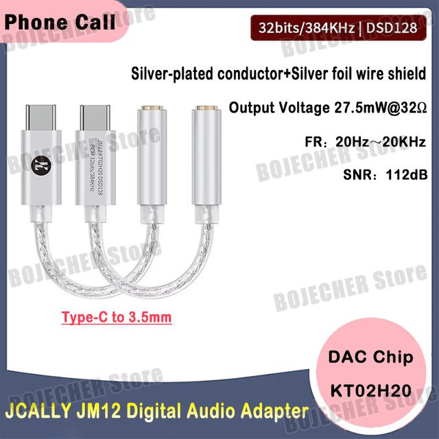 JCALLY JM12 Digital Audio Adapter DAC mit KT02H20 Chip, Hi-Fi Audio Decoder und Stereo Verstärker, Typ-C auf 3,5mm Kopfhörer Anschluss, Silber - Bild 1
