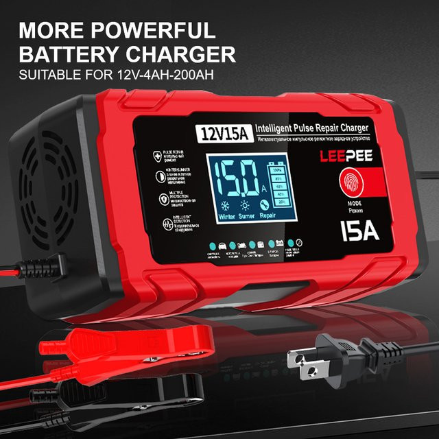 Intelligentes Smart Batterie Ladegerät für Auto und Motorrad mit 12V 15A Puls Reparatur und Wartungsfunktion in Rot - Bild 1