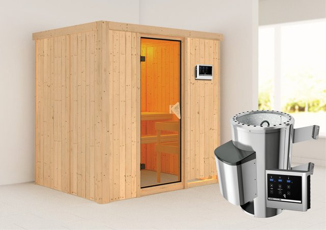 Karibu Sauna Finja mit 3,6 kW Ofen, externe Steuerung und Ganzglastür in Bronze, B/T/H: 196 x 151 x 198 cm - Bild 1