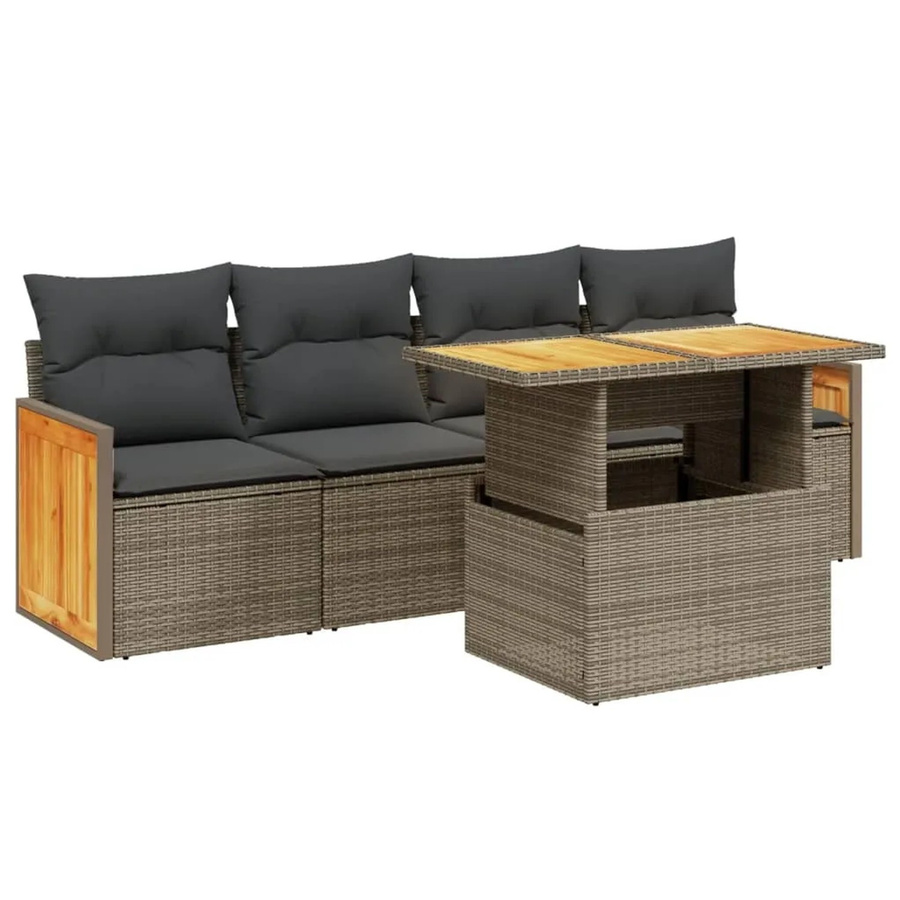 vidaXL 5-teilige Garten-Sofagarnitur aus Poly-Rattan und Akazienholz in Grau mit Kissen - Bild 2