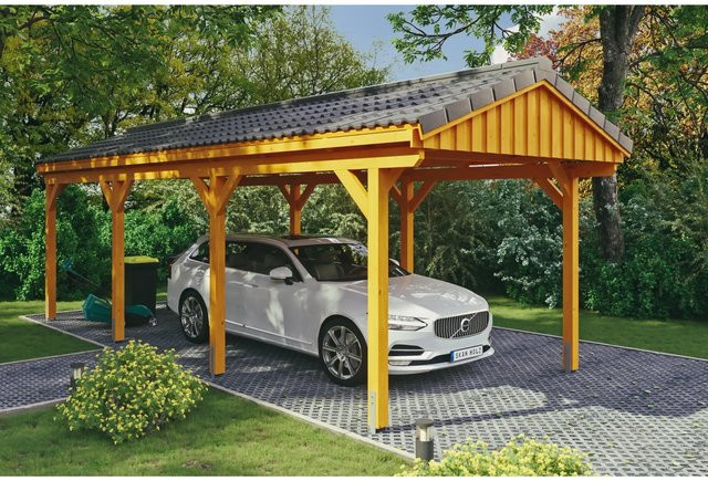 Skan Holz Carport Fichtelberg aus Fichte und Leimholz in Beige mit spitzer Dachform, B/T: 317 x 808 cm, Höhe: 303 cm - Bild 1