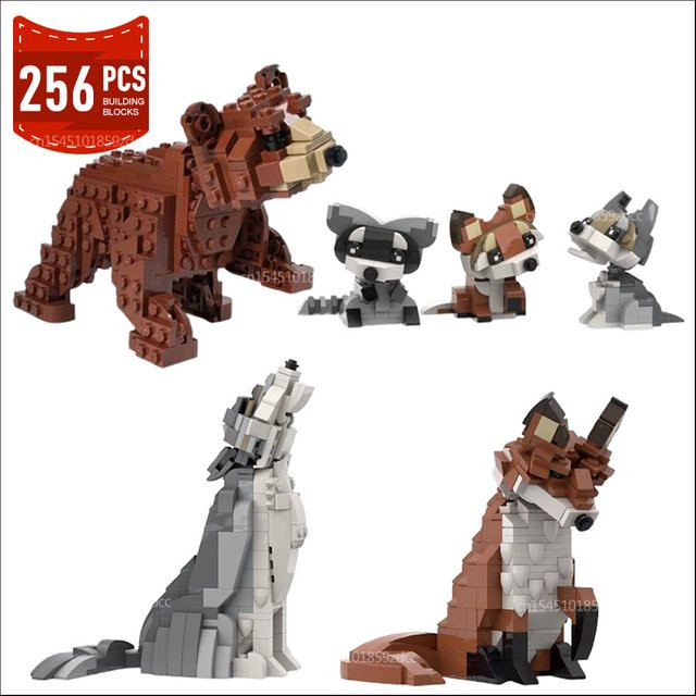 Garno MOC Tier-Serie Bärenjunges Wolf Rotfuchs Waschbär, Bausteine-Set - Bild 1