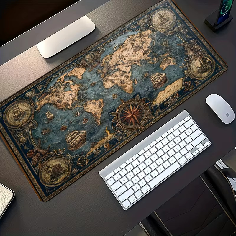 VIKAMA Gaming-Mauspad Vintage-Weltkarte mit Segelbooten und nautischen Elementen, rutschfest und waschbar, Multicolor - Bild 2
