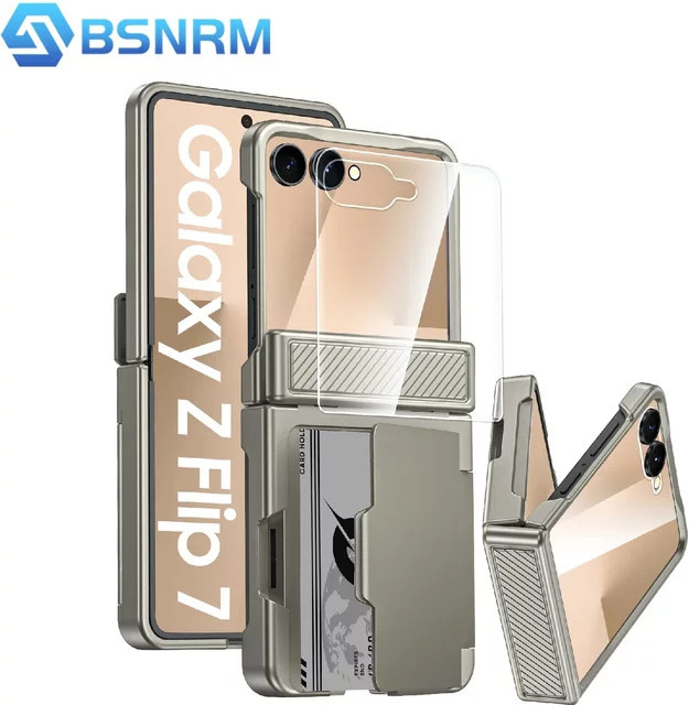 Samsung Galaxy Z Flip 7 Handyhülle mit Kartenclip und RFID-Schutz sowie Displayschutzfolie in Titan - Bild 1