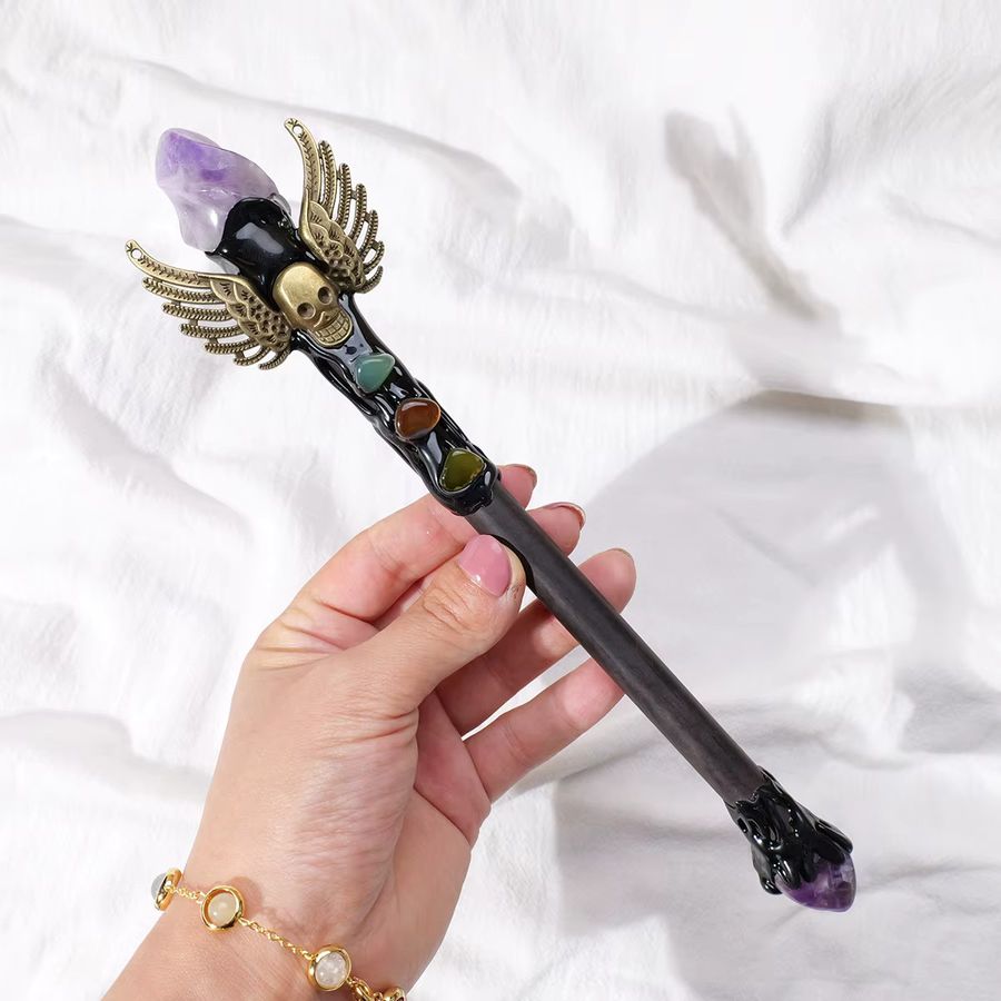 Handgefertigter Zauberstab mit Amethyst und Aventurin von Runyangshi mit Holzgriff als Requisite - Bild 2