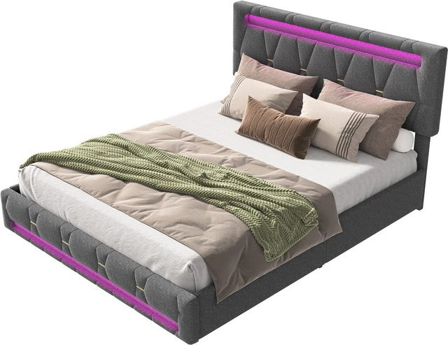 PXloue Erwachsenenbett mit Schubladen und höhenverstellbarem Kopfteil in Grau, B/T/H: 140 x 200 x 108 cm (Höhe Kopfteil: 145 cm) - Bild 1