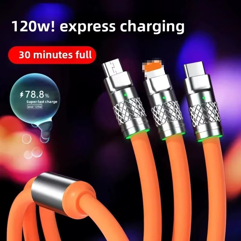 3-in-1 Schnellladekabel 120W mit 1,2m Länge für iPhone, Android, Huawei, Tablet und Laptop in Orange - Bild 5