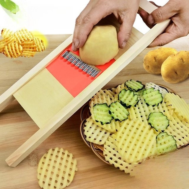 Waffelschneider aus Edelstahl mit Massivholzgriff in Silber für Pommes Frites - Bild 1