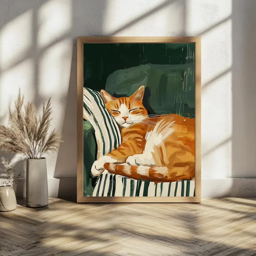 Minimalistischer Wanddruck SHENCHEN Schlafende Katze in Dunkelgrün und Multicolour als zeitgenössische Kunst für dein Wohnzimmer - Bild 5