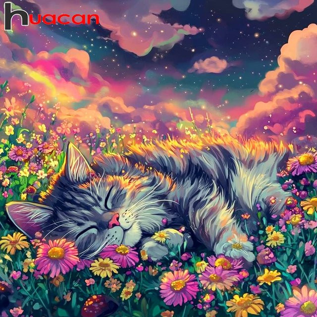 Huacan 5D Diamantmalerei Katze mit Gänseblümchen Set mit runden Steinen in Multicolour, Breite: 20,0 cm, Höhe: 20,0 cm - Bild 1