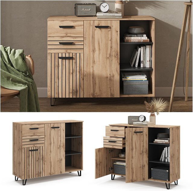 Vicco Sideboard Amber Eiche Wotan mit 2 Türen und 2 Schubladen, Breite: 120 cm, Höhe: 100 cm - Bild 1