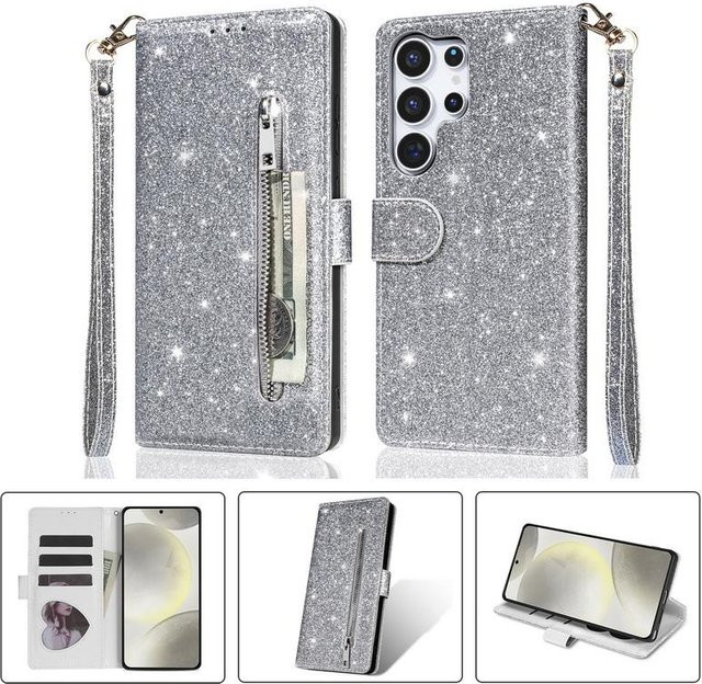 Glitzer Leder Flip Wallet Hülle mit Reißverschluss für Samsung Galaxy A35 A55 A54 A34 A25 A15 A17 A16 A56 A36 A26 A57 A37 5G sowie S21 FE S22 S23 S24 S25 S26 Ultra in Silber - Bild 1