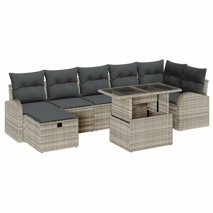 vidaXL Garten-Sofa-Set aus Polyrattan in Hellgrau, 8-teiliges L-Shape Lounge-Set mit Kissen, Ottomane und Couchtisch - Bild 2