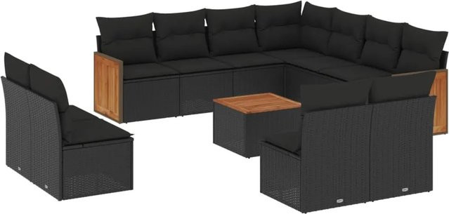 vidaXL 12-tlg. Garten-Sofagarnitur in L-Form aus Poly-Rattan und Akazienholz mit Kissen, Schwarz - Bild 1