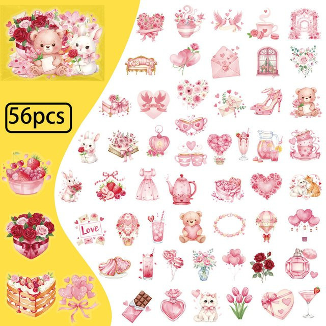 56 Stück Rosa Valentinstag Cartoon Aufkleber aus transparentem PET von BulingBulingStickers Store - Bild 1