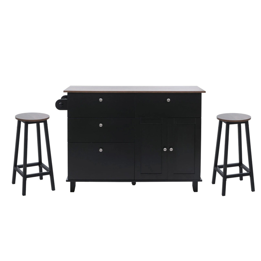 Kücheninsel MCW-P62 mit 2 Sitzhockern und Staufächern in Schwarz und Dunkelbraun, H x B x T: 90 x 131 x 47 cm - Bild 2