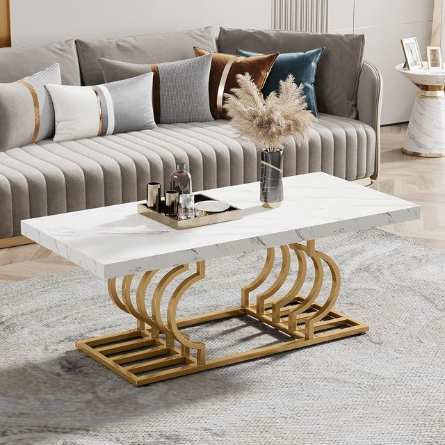 LITTLE TREE Couchtisch aus weißem Kunstmarmor mit geometrischem Rahmen, rechteckiger Mitteltisch in Glamour-Optik - Bild 1