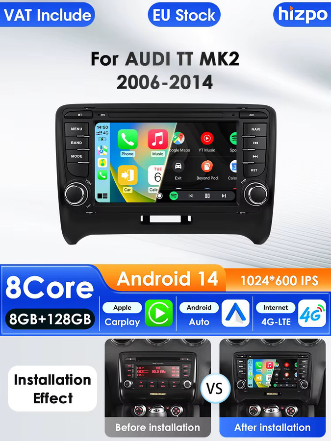 Hizpo 7 Zoll Android 14 Autoradio mit Carplay, 4G, GPS und WIFI für AUDI TT MK2 8J 2006-2014 in Schwarz - Bild 4