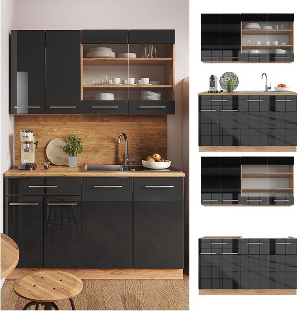 Vicco Küchenzeile Fame-Line Single Einbauküche in Anthrazit und Eiche mit Hochglanz-Elementen, Breite: 140 cm - Bild 1
