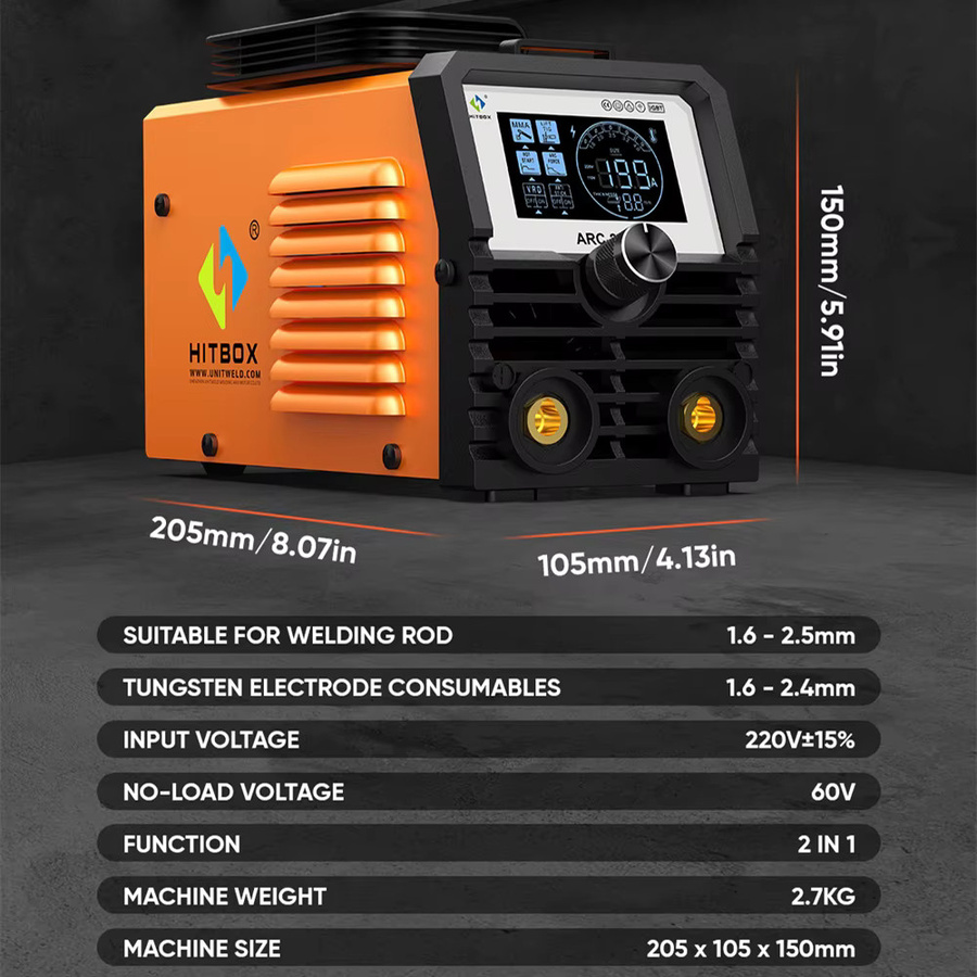 HITBOX ARC200S Tragbarer Mini-IGBT-Inverter-Schweißer 2-in-1 ARC MMA Lift TIG Schweißgerät in Orange mit LED-Display und VRD-Funktion - Bild 2