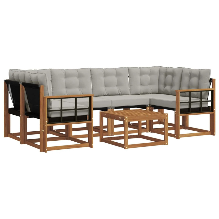 vidaXL Outdoor-Sofagarnitur 7-teilig in L-Form aus Akazienholz mit Textilene und Kissen, Beige und Grau - Bild 2