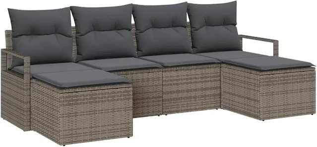 vidaXL Garten-Sofa-Set 6-tlg. in Grau aus Poly-Rattan mit Polstern und Ottomane für Terrasse und Garten - Bild 1